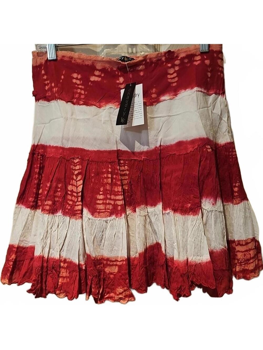 Chaudry KC Womens Size L Red White Boho Crinkle Festival Tie Dye Skirt ~ NWT